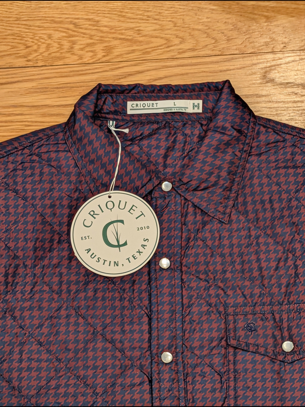 Criquet Quilted Shacket — Navy & Burgundy Houndstooth
